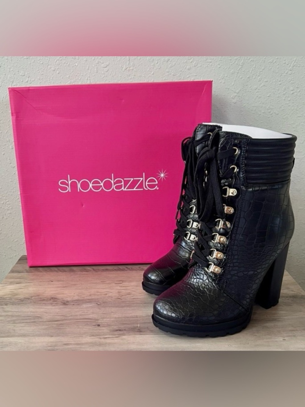 Shoe Dazzle Black Croc-Embossed Lace-Up Ankle Boots with Gold Hardware